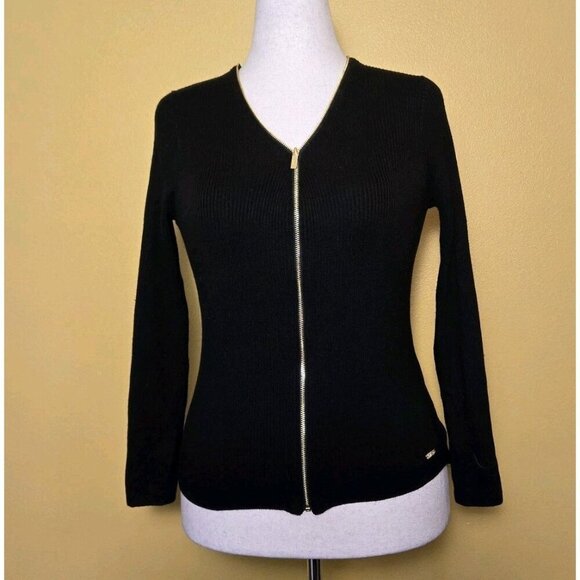 Calvin Klein Sweaters - Calvin Klein Black Long Sleeve Sweater Cardigan Gold Zipper Womens Small Acrylic